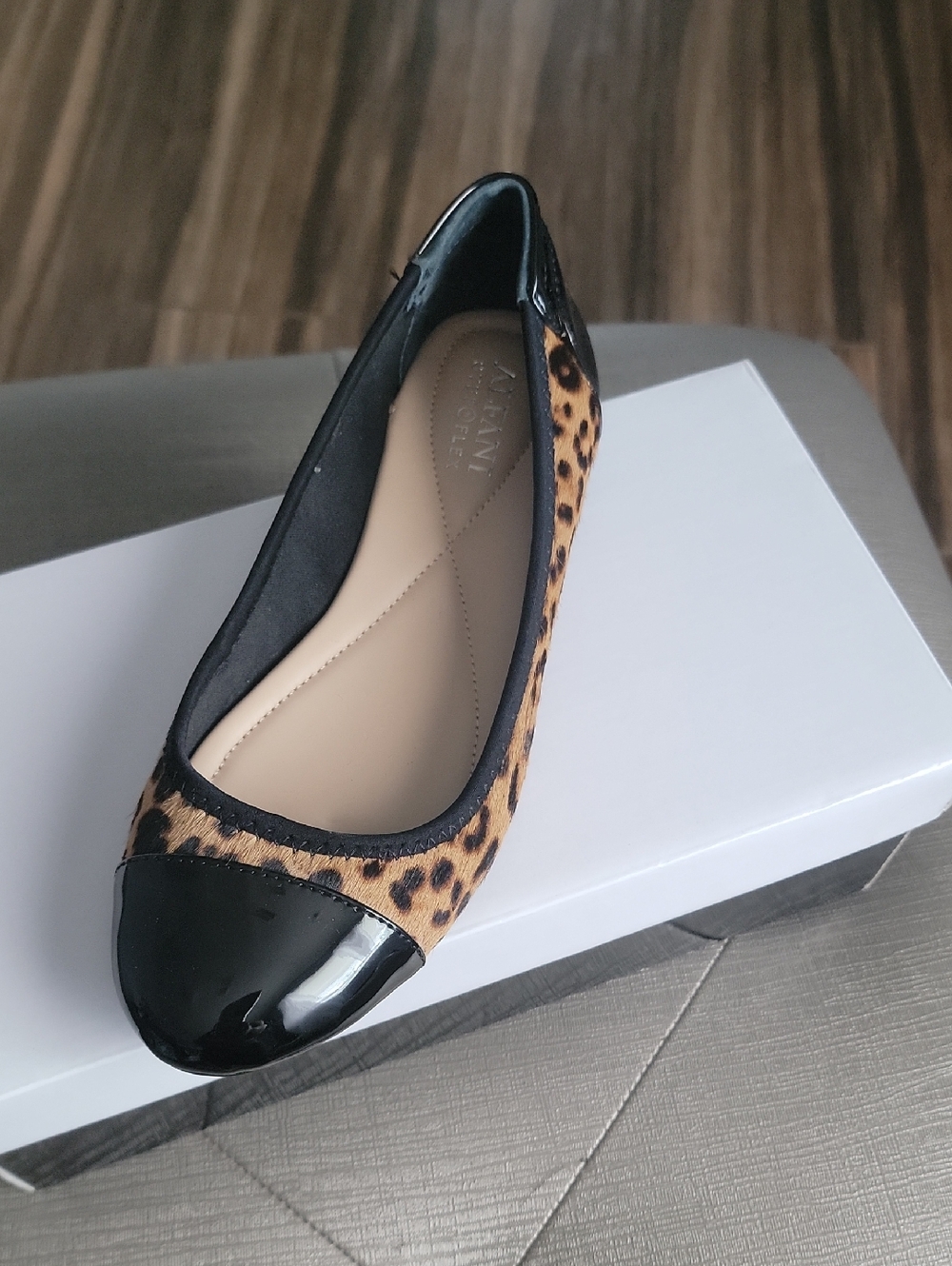 Leopard Print Ballet Flat with Black Patent Cap Toe by Vaneli